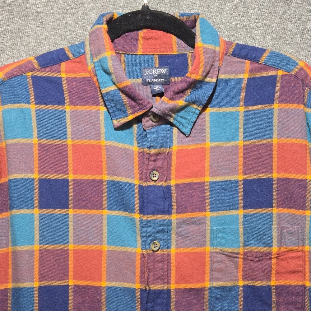 J Crew Mens XL Classic Blue Red Plaid Long Sleeve Flannel Button Up Shirt Fall